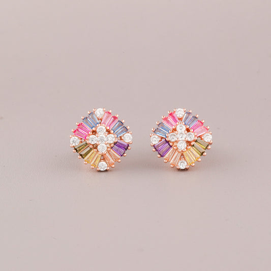 Rainbow Baguette Gemstone Floral Stud Earrings - view 2