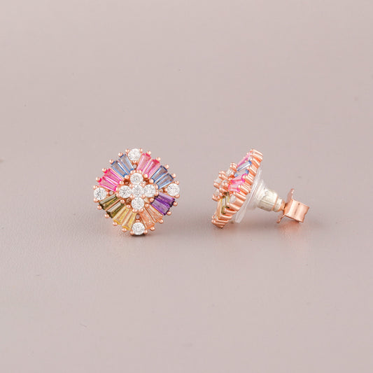 Rainbow Baguette Gemstone Floral Stud Earrings - view 4