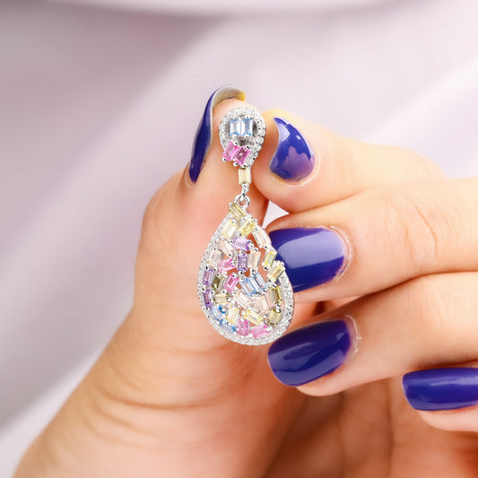Rainbow Colored Diamond Teardrop Dangle Earrings - view 3