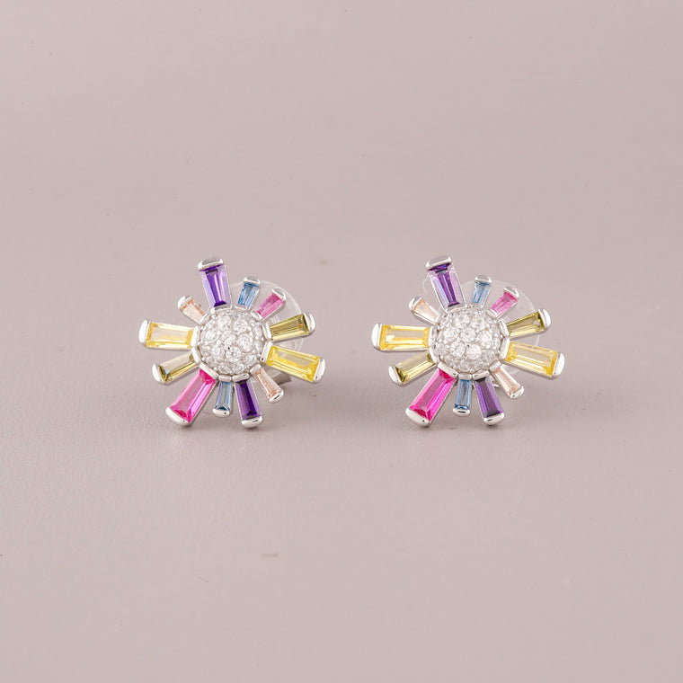 Sunburst Flower Rainbow Baguette Diamond Stud Earrings - view 2
