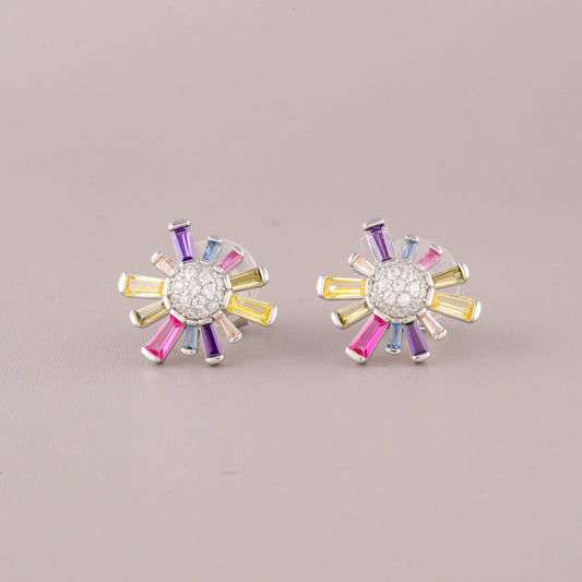 Sunburst Flower Rainbow Baguette Diamond Stud Earrings - view 2