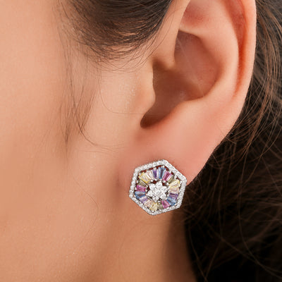Baguette Colored Diamond Hexagon Halo Stud Earrings