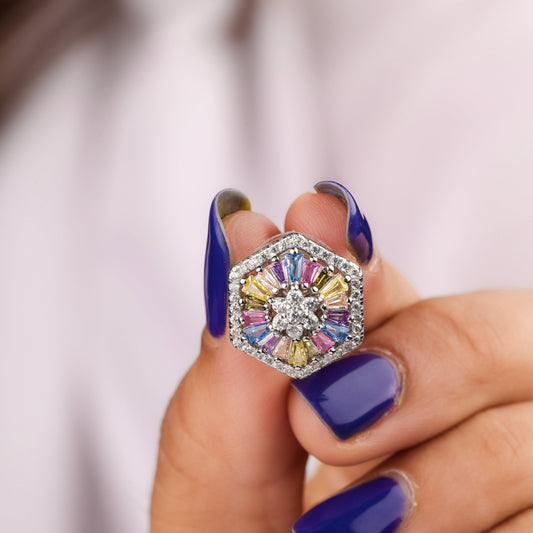 Baguette Colored Diamond Hexagon Halo Stud Earrings - view 2
