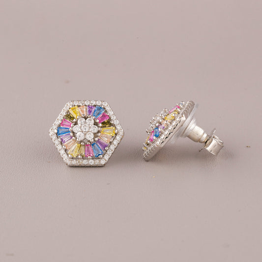 Baguette Colored Diamond Hexagon Halo Stud Earrings - view 4