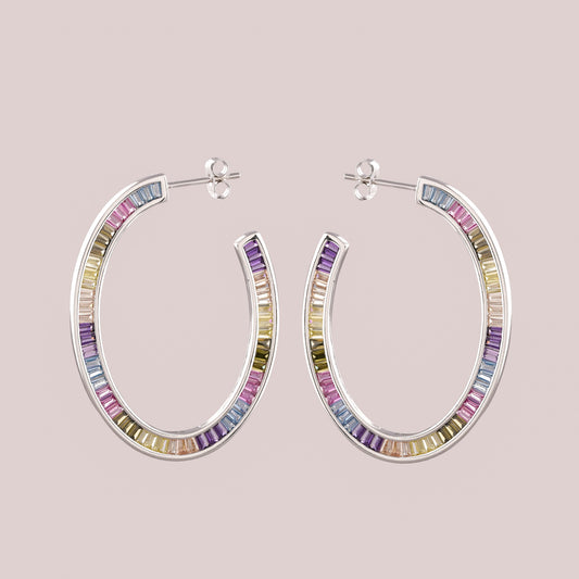 Colored Gemstone Baguette Diamond Hoop Earrings - view 2