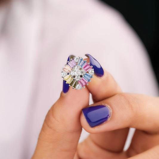 Sunburst Rainbow Sapphire Diamond Halo Stud Earrings - view 3
