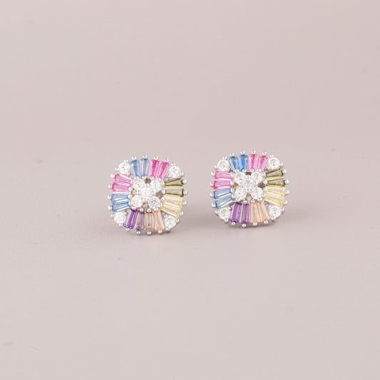 Sunburst Rainbow Sapphire Diamond Halo Stud Earrings - view 2