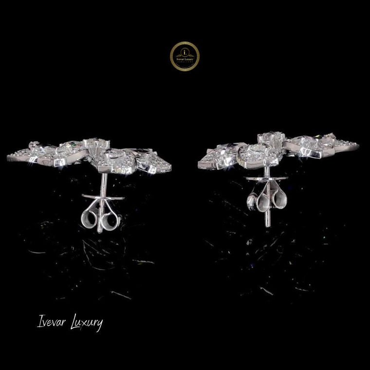 Statement 14K Gold Floral Stud Earrings Rose Cut Diamond Design - view 2