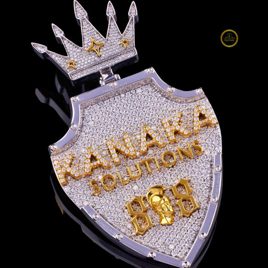 Custom Iced-Out Moissanite Shield Pendant With Two Tone Crown - view 3