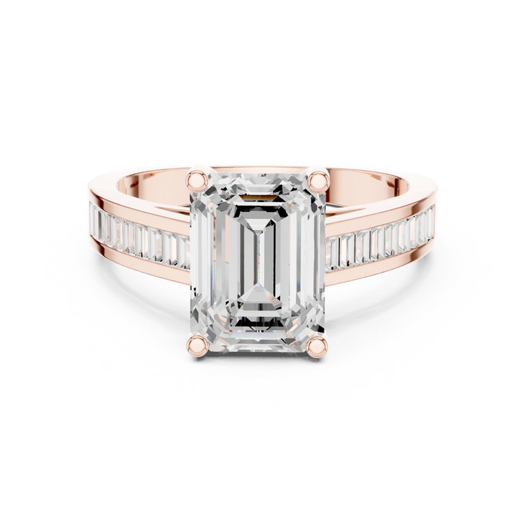 Emerald Cut Lab Diamond Ring With Baguette Channel Side Band - view 2