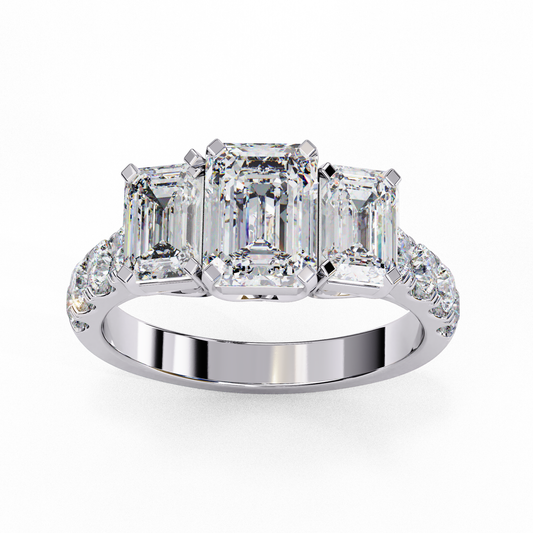 Three Stone Emerald Lab Diamond Engagement Ring With Emerald Side Stone - view 4