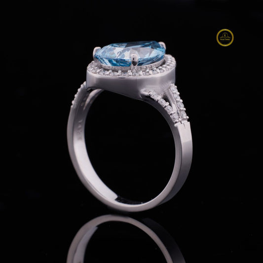 Fancy Intense Blue Pear Cut Moissanite Halo Split Shank Ring - view 2
