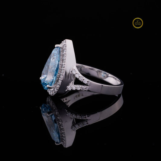 Fancy Intense Blue Pear Cut Moissanite Halo Split Shank Ring - view 3
