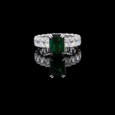 Green Radiant Lab Diamond Wedding Band With Side Stone Eternity Ring