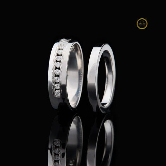 Round Channel Set Stacked Wedding Band with Milgrain - view 2