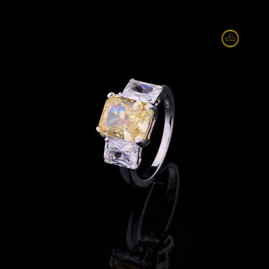 Fancy Vivid Yellow Radiant Moissanite Three Stone Engagement Ring - view 2