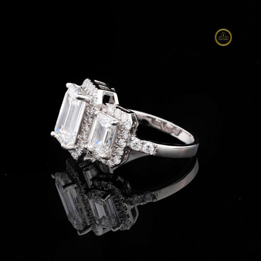 Halo Set Emerald Three Stone Ring - view 2