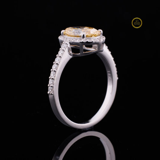 Fancy Vivid Yellow Oval Moissanite Halo Anniversary Ring With Pave Setting - view 2