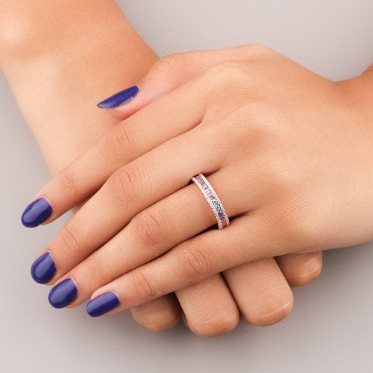Rainbow Sapphire Eternity Band Diamond Pave Border Natural Sapphire Ring - view 3