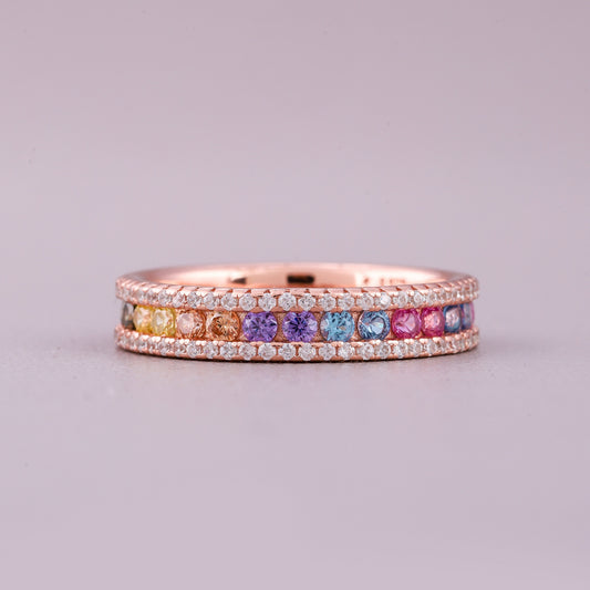 Rainbow Sapphire Eternity Band Diamond Pave Border Natural Sapphire Ring - view 2