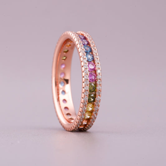 Rainbow Sapphire Eternity Band Diamond Pave Border Natural Sapphire Ring - view 4