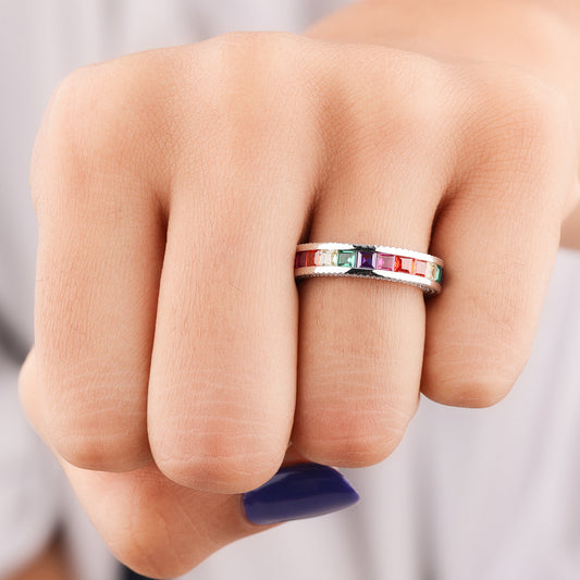 Rainbow Princess Sapphire Eternity Band Milgrain Edge Natural Sapphire Ring - view 3