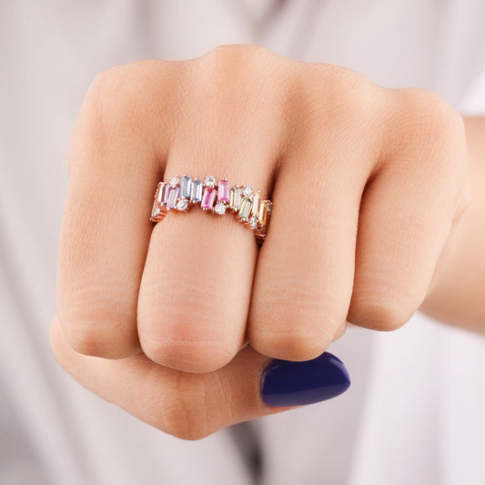 Emerald Cut Natural Rainbow Sapphire & Diamond Eternity Band Ring - view 3