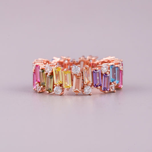 Emerald Cut Natural Rainbow Sapphire & Diamond Eternity Band Ring - view 2