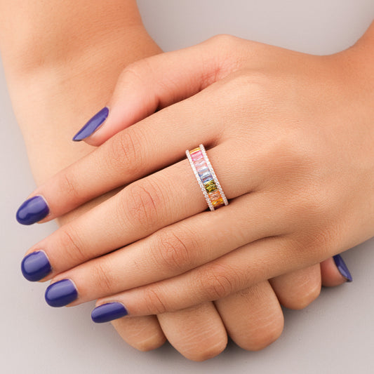 Natural Rainbow Baguette Sapphire & Diamond Eternity Band - view 3