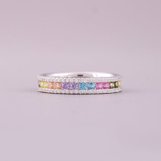 Round Rainbow Natural Sapphire & Diamond Eternity Anniversary Band - view 2