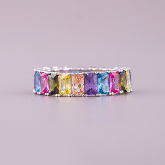 Rainbow Emerald Cut Sapphire Diamond Eternity Band Ring Wedding Band - view 2