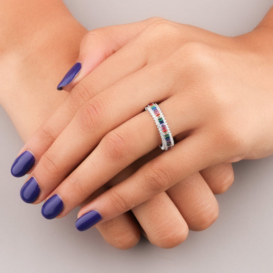 Rainbow Marquise Sapphire Diamond Eternity Band Ring Wedding Band - view 3