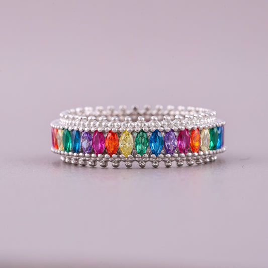 Rainbow Marquise Sapphire Diamond Eternity Band Ring Wedding Band - view 2