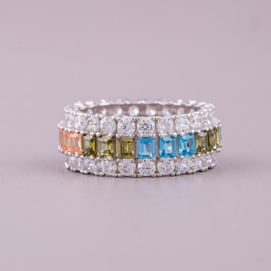 Natural Multi-Color Sapphire & Diamond Eternity Band Ring in White Gold - view 2