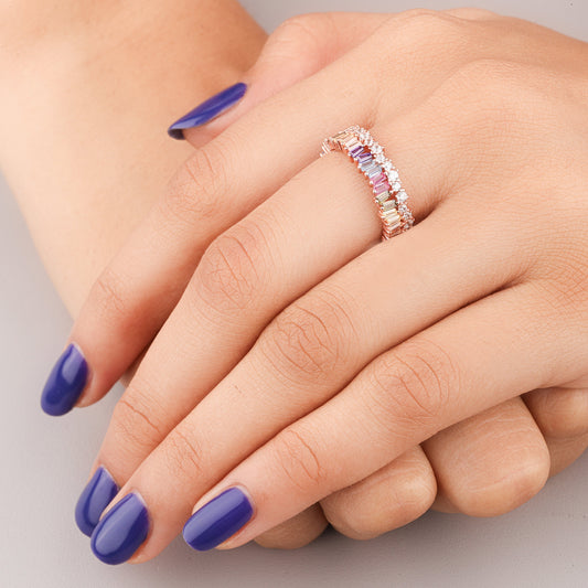 Rainbow Baguette Sapphire and Round Diamond Two Row Ring - view 3