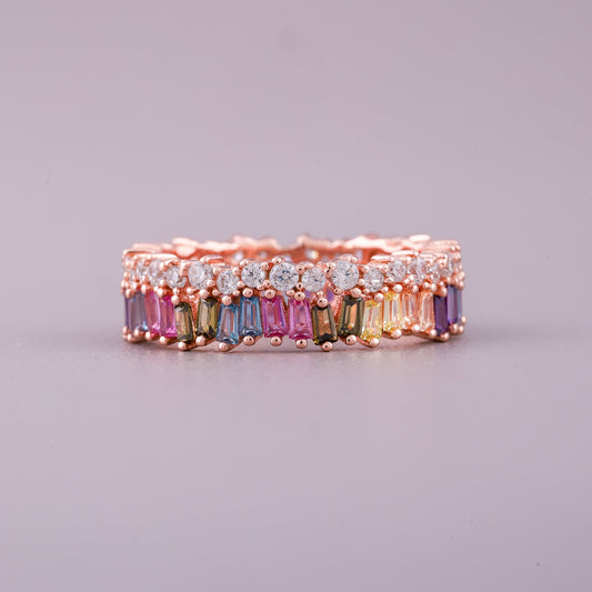 Rainbow Baguette Sapphire and Round Diamond Two Row Ring - view 2