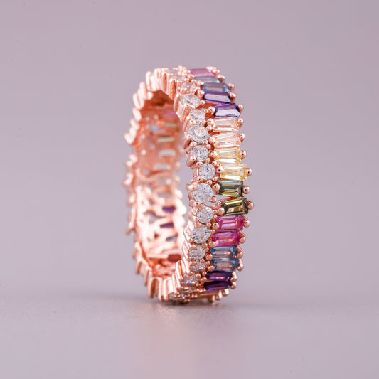 Rainbow Baguette Sapphire and Round Diamond Two Row Ring - view 4