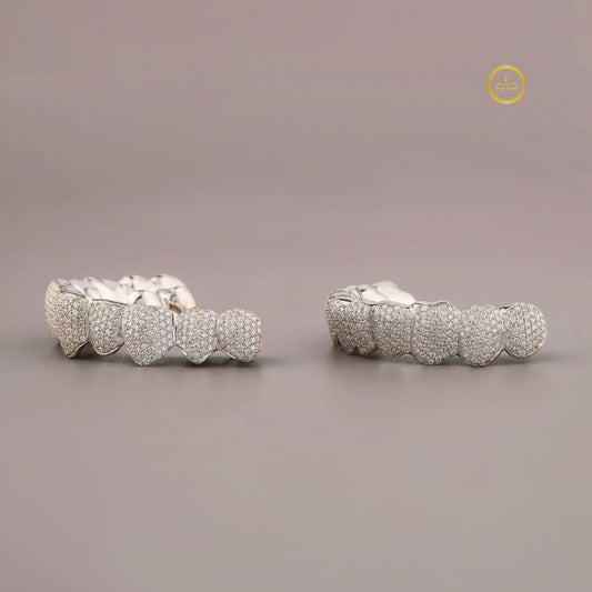 Full set lab diamond grillz, top and bottom pieces side by side