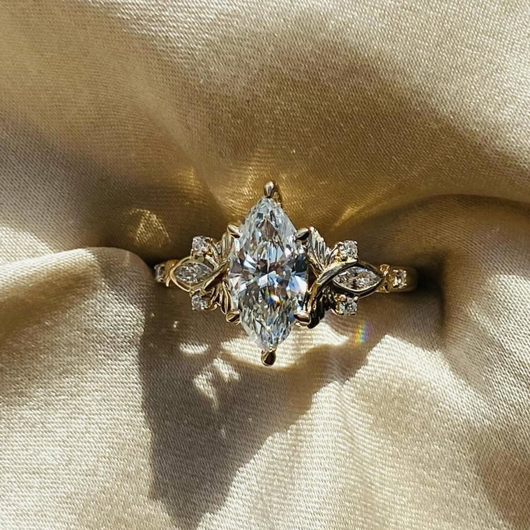 Floral Leaf Marquise Lab Diamond Wedding Ring With Side Stones - view 2
