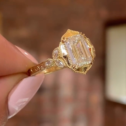 Vintage Art Deco Emerald Cut Lab Diamond Engagement Ring - view 3