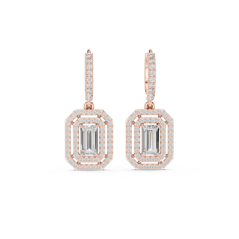 Art Deco Double Halo Emerald Cut Huggie Earrings - view 2