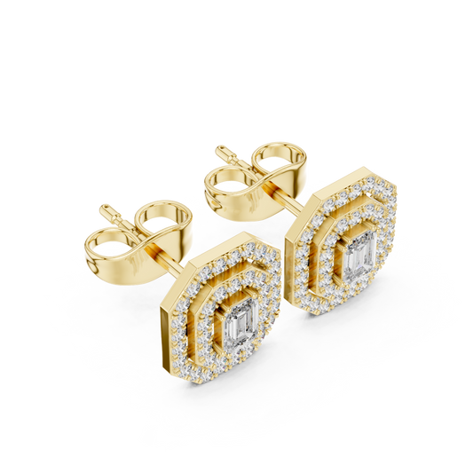 Octagonal Double Halo Emerald Cut Stud Earring - view 4