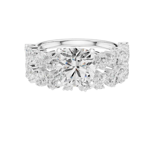 Floral Halo Cushion Cut Moissanite Ring With Wedding Eternity Band - view 3