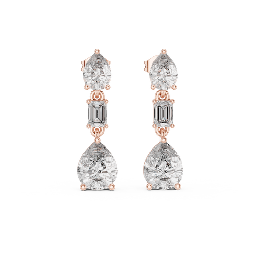 Three Stone Pear & Emerald Cut Drop Stud Earrings - view 2