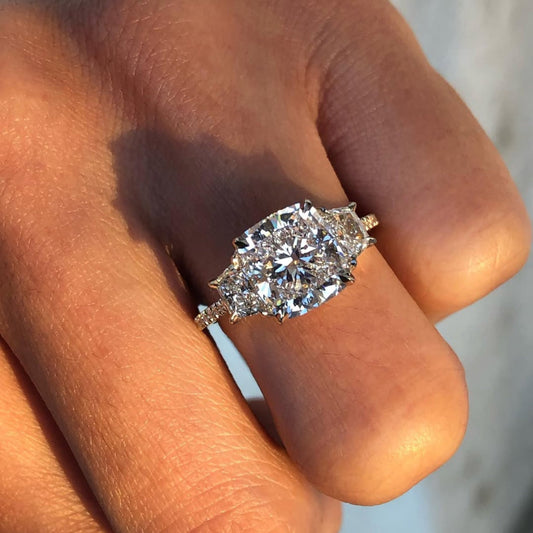Cushion Cut Moissanite Trapezoid Three Stone Engagement Ring - view 3