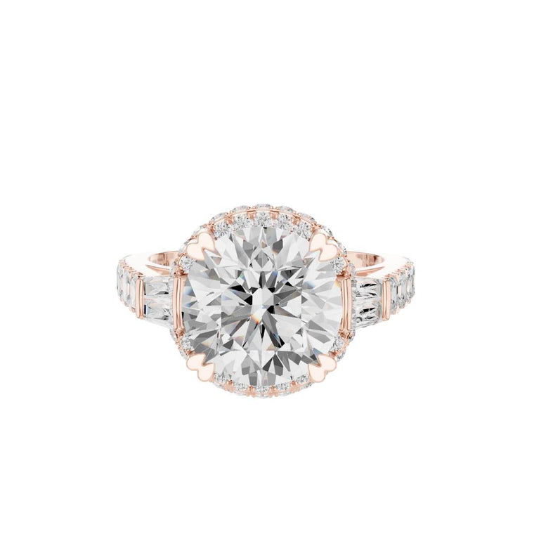 Halo Round Cut Ring with Tapered Baguette Side Stones - view 2