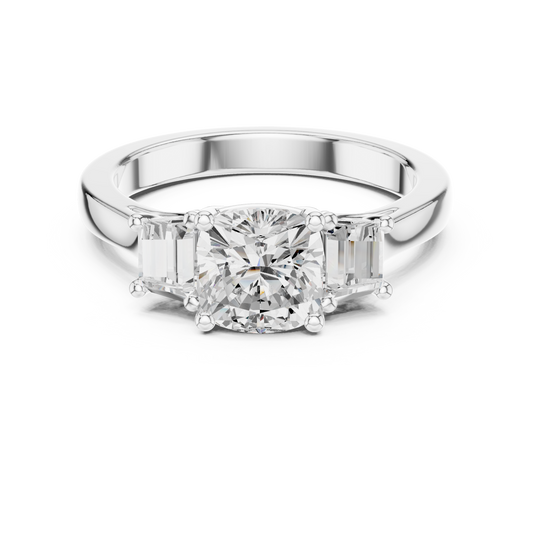 Cushion Three Stone Lab Diamond Ring With Tapered Side Stone - view 3