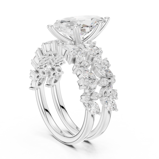 Marquise Cut Lab Diamond Ring with Wide Floral Pave Band - view 3