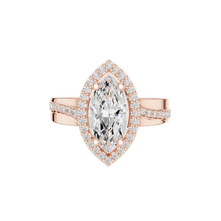 Marquise Cut Diamond Halo Ring Lab Diamond with Split Shank - view 2