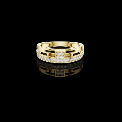 Round Cut Lab Grown Diamond Men's Square Cluster Pave Border Gold Band